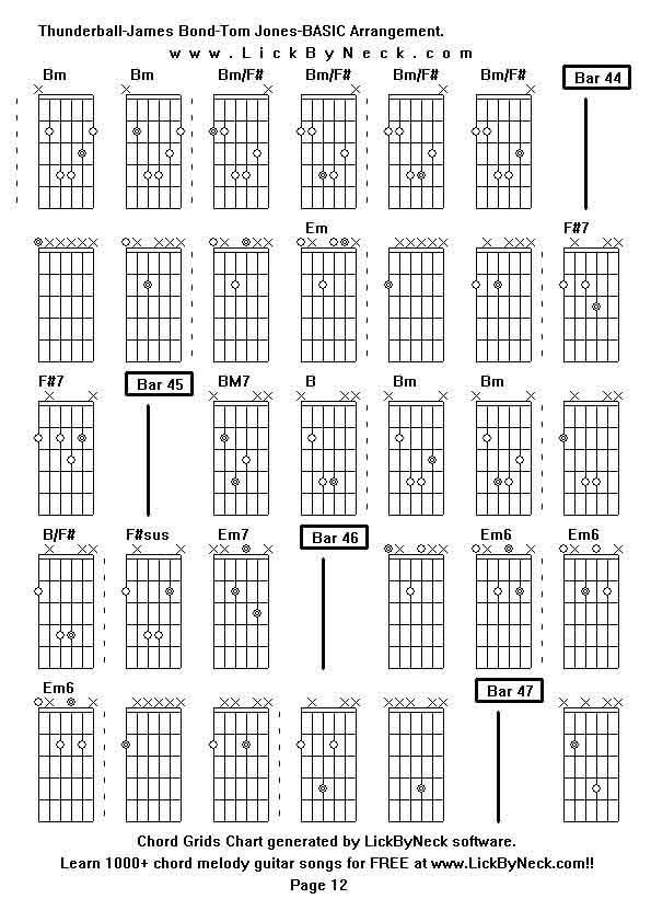 Chord Grids Chart of chord melody fingerstyle guitar song-Thunderball-James Bond-Tom Jones-BASIC Arrangement,generated by LickByNeck software.